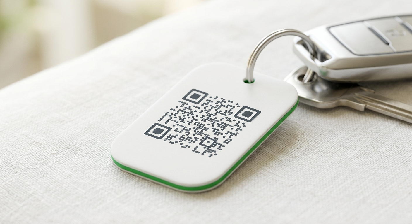 Close-up of a QR Me keychain with personalised QR code