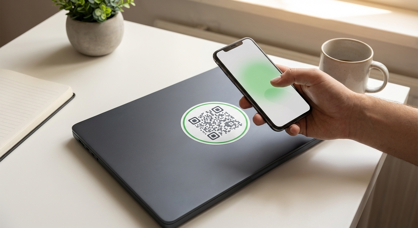 A phone scanning a QR Me sticker on a laptop